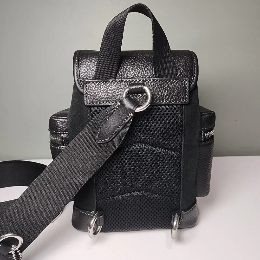 NWT Coach CCE79 Sprint Sling Pack Silver Black Suede, refined pebble leather